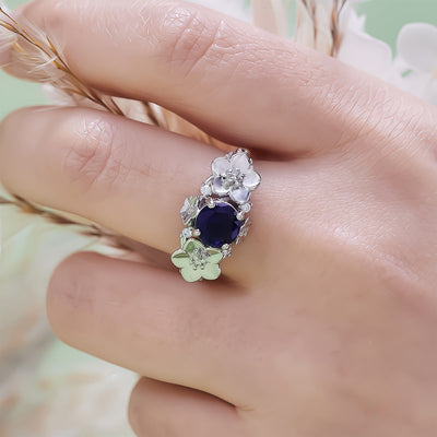 Olivenorma"Blooming Flowers" Sapphire Obsidian White Zircon Ring