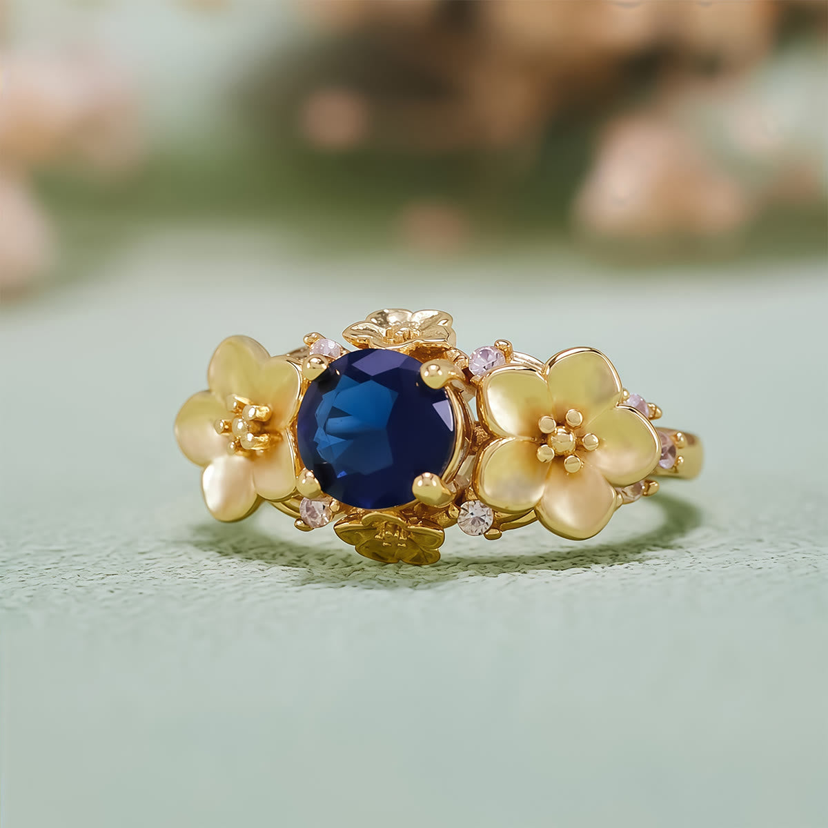 Olivenorma"Blooming Flowers" Sapphire Obsidian White Zircon Ring