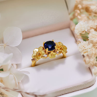 Olivenorma"Blooming Flowers" Sapphire Obsidian White Zircon Ring