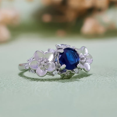 Olivenorma"Blooming Flowers" Sapphire Obsidian White Zircon Ring