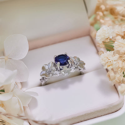 Olivenorma"Blooming Flowers" Sapphire Obsidian White Zircon Ring