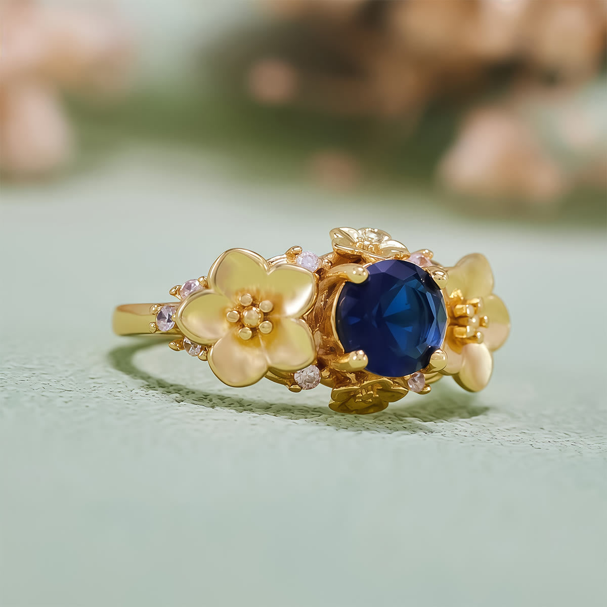 Olivenorma"Blooming Flowers" Sapphire Obsidian White Zircon Ring