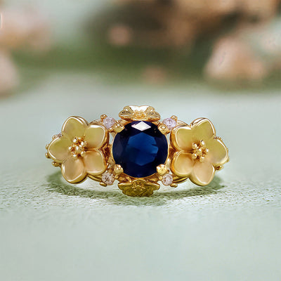 Olivenorma"Blooming Flowers" Sapphire Obsidian White Zircon Ring