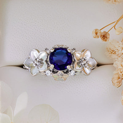 Olivenorma"Blooming Flowers" Sapphire Obsidian White Zircon Ring