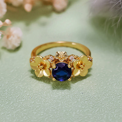 Olivenorma"Blooming Flowers" Sapphire Obsidian White Zircon Ring