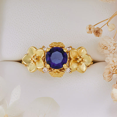Olivenorma"Blooming Flowers" Sapphire Obsidian White Zircon Ring
