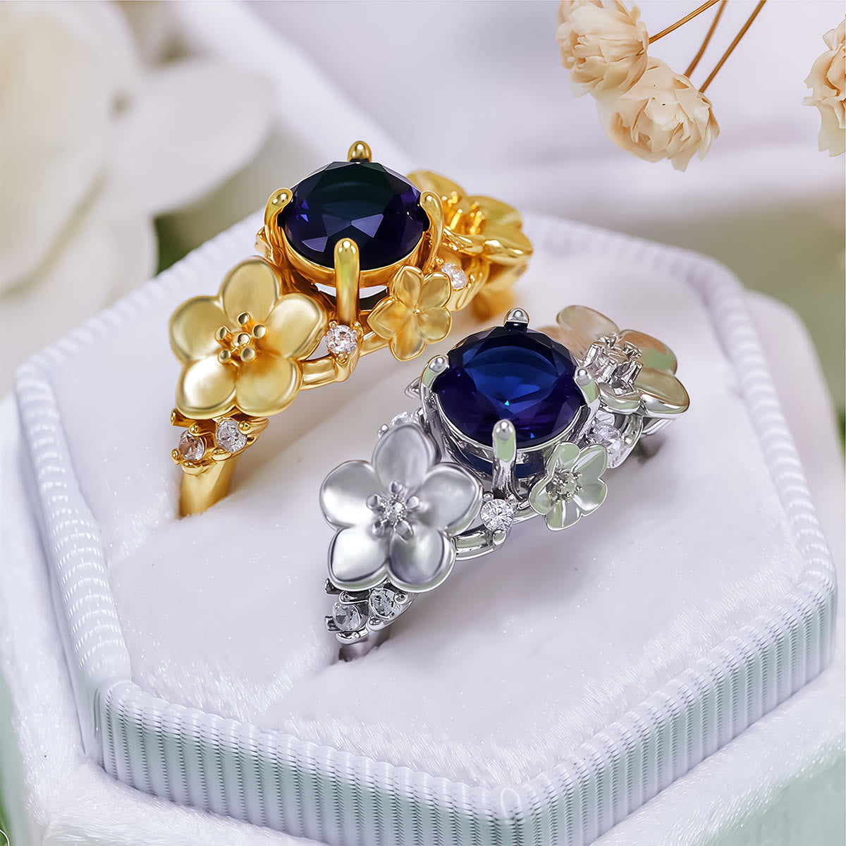 Olivenorma"Blooming Flowers" Sapphire Obsidian White Zircon Ring