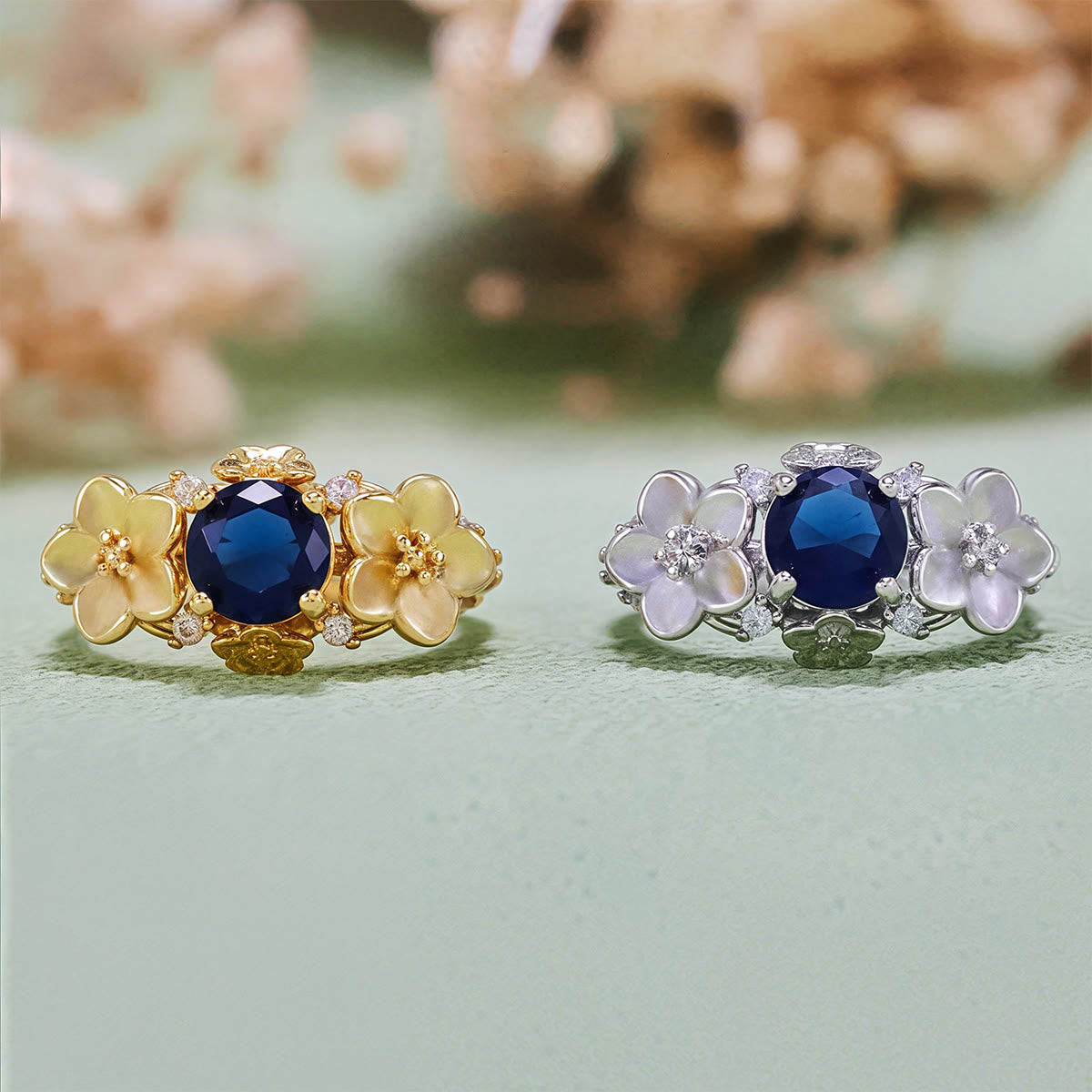 Olivenorma"Blooming Flowers" Sapphire Obsidian White Zircon Ring