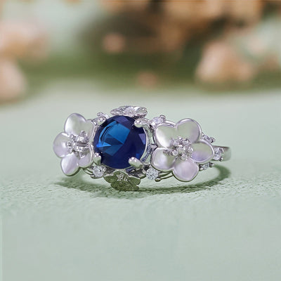Olivenorma"Blooming Flowers" Sapphire Obsidian White Zircon Ring