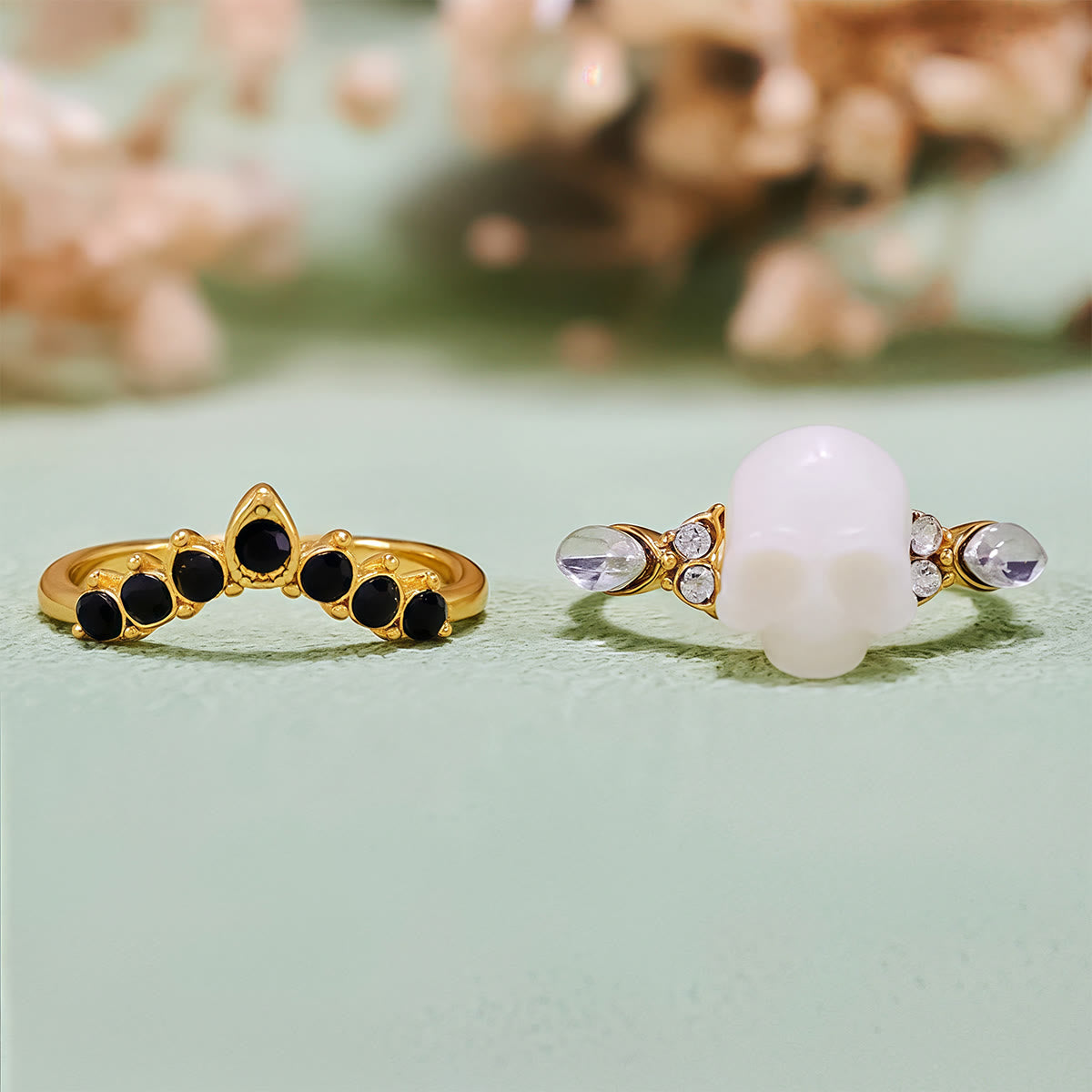 Olivenorma Gothic Resin skull and Moissanite Crown Ring Set