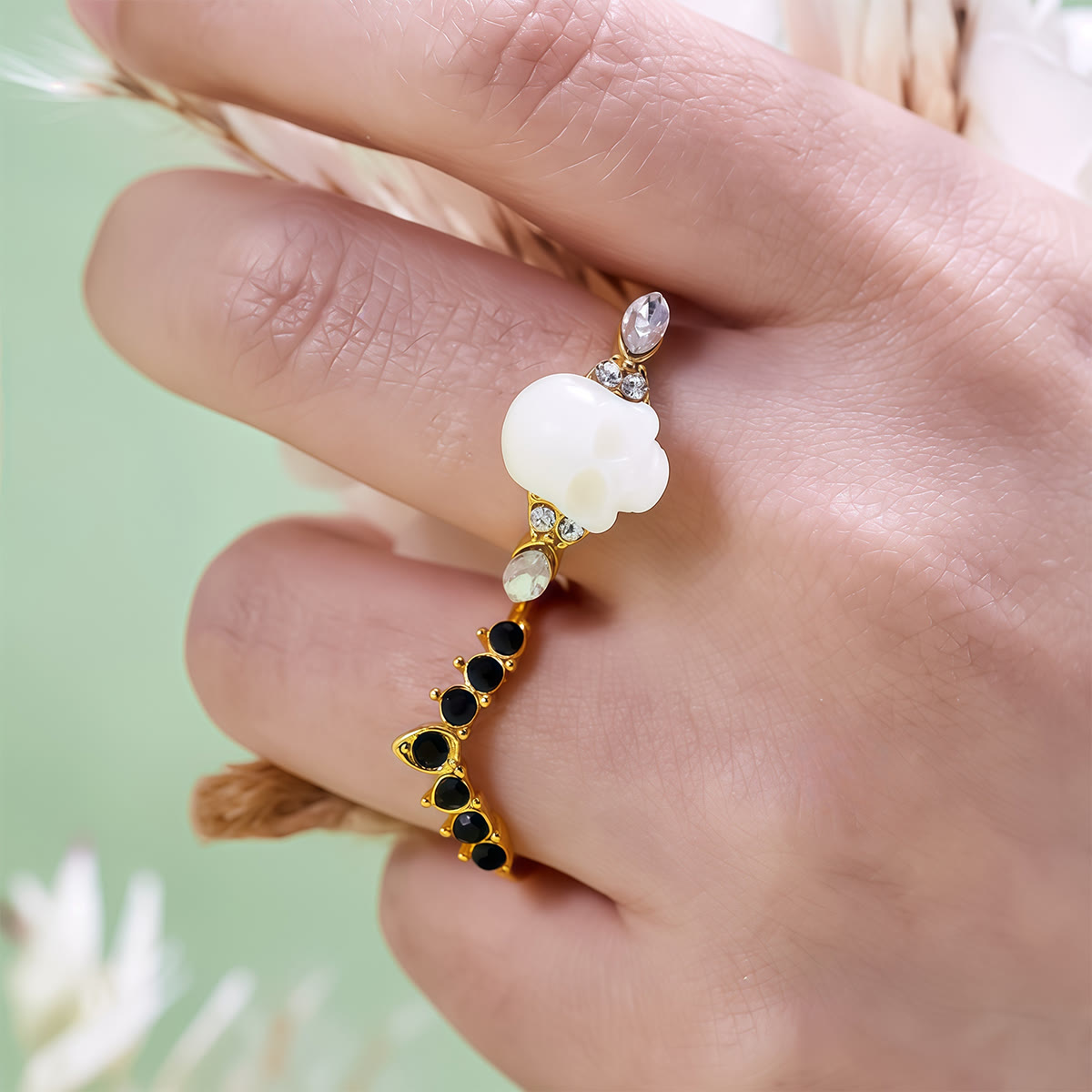 Olivenorma Gothic Resin skull and Moissanite Crown Ring Set