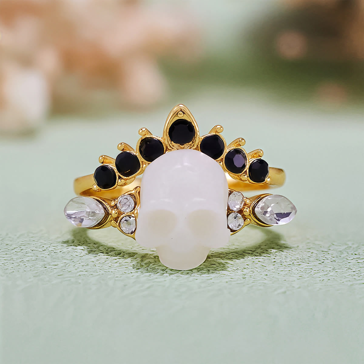 Olivenorma Gothic Resin skull and Moissanite Crown Ring Set
