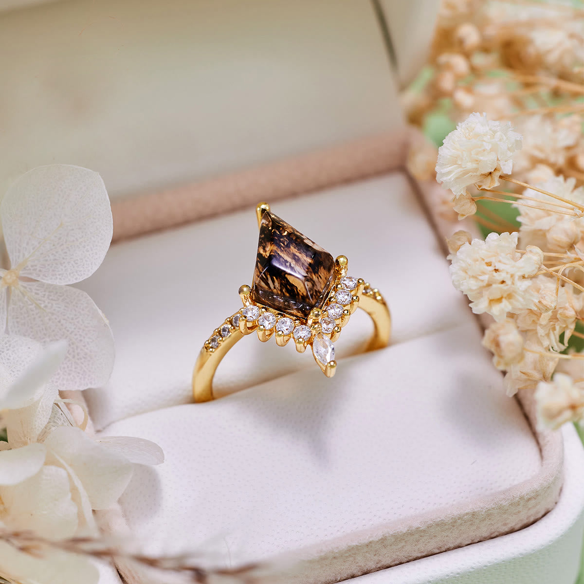 Olivenorma"Purification Stone" Salt and Pepper Kite Herkimer Diamond Engagement Ring