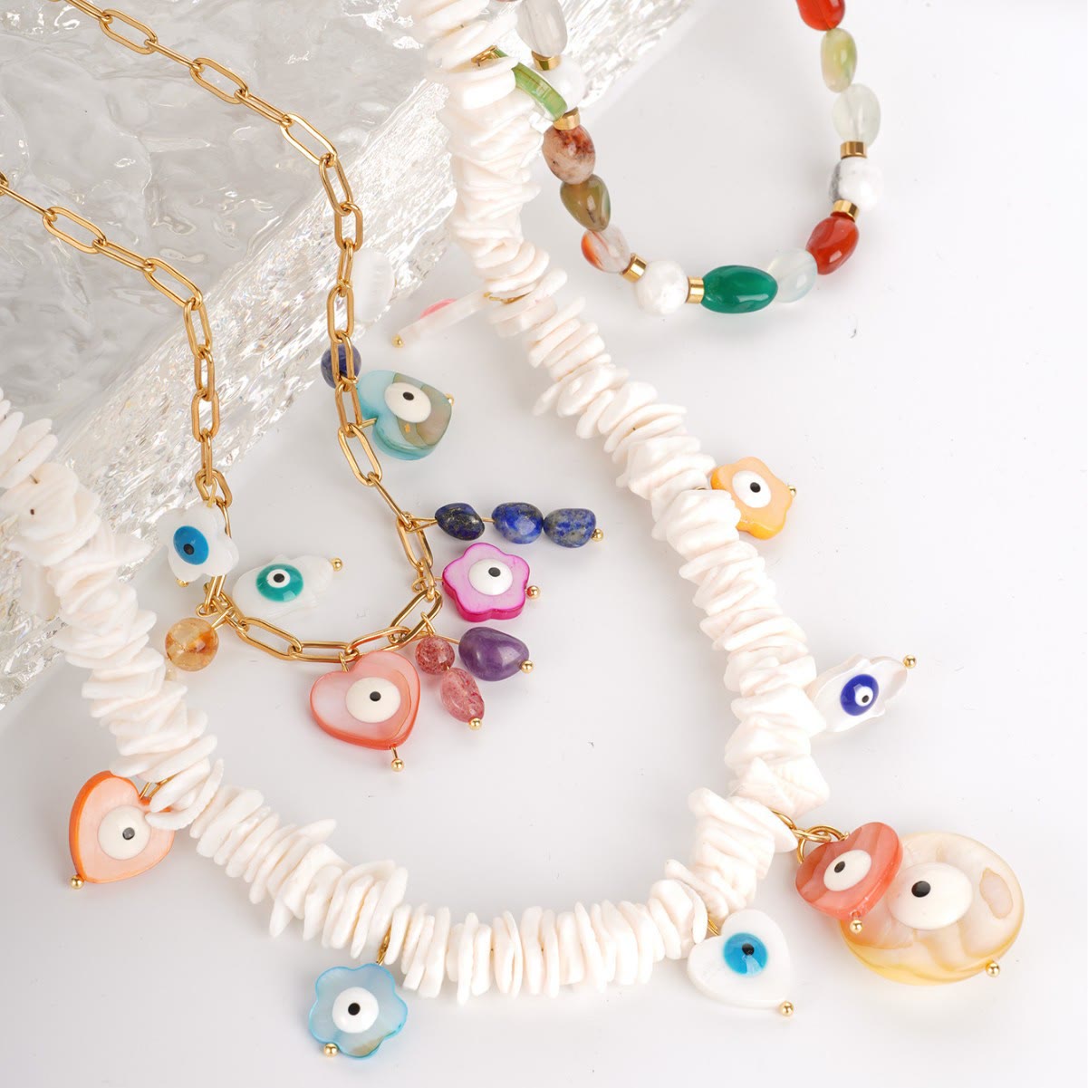 Olivenorma Natural Crystal Shell Beads Evil Eye Necklace