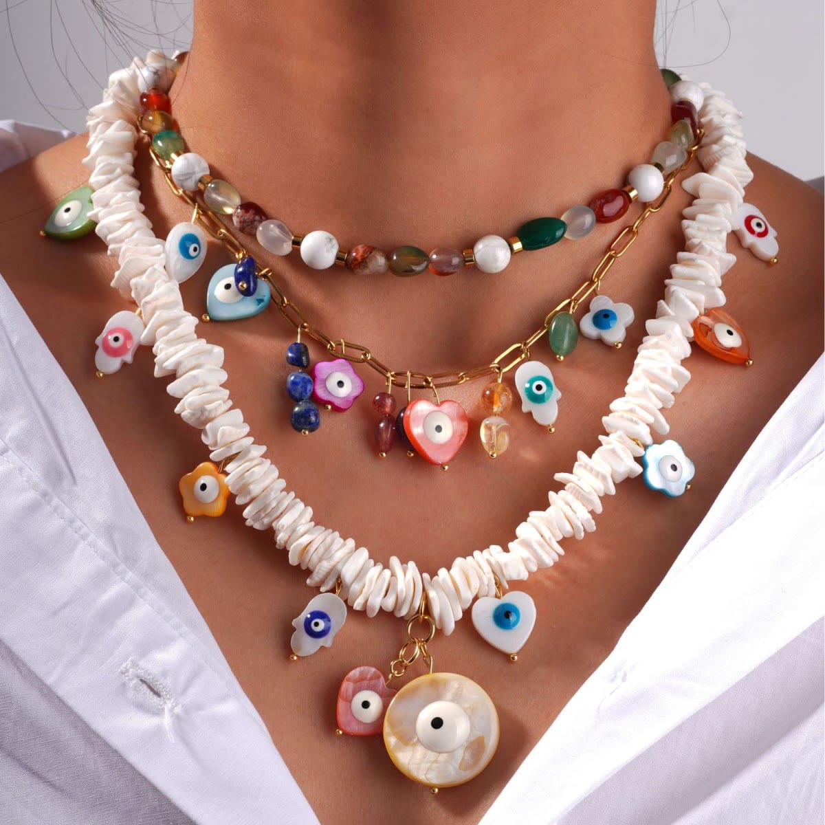 Olivenorma Natural Crystal Shell Beads Evil Eye Necklace