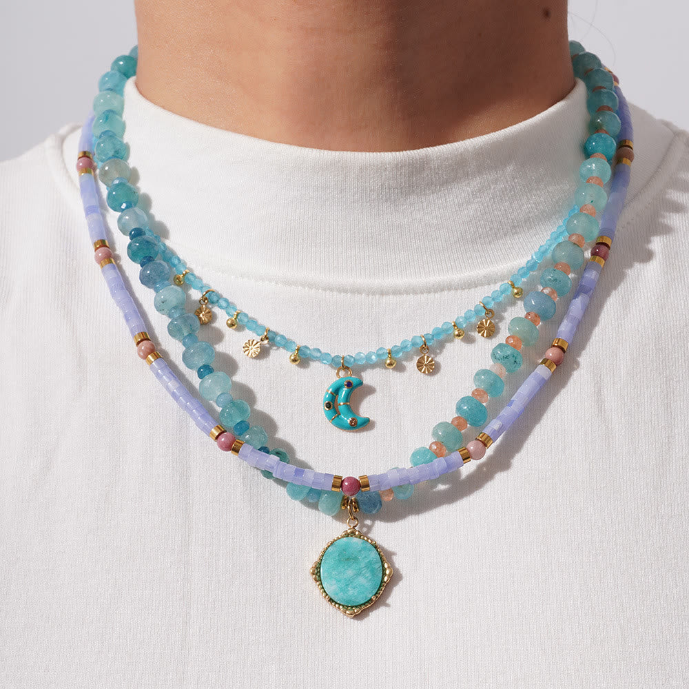 Olivenorma Amazonite Aquamarine Blue Chalcedony Beaded Necklace