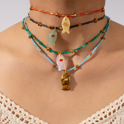 Olivenorma Natural Stone Beads Fish Carving Pendant Necklace