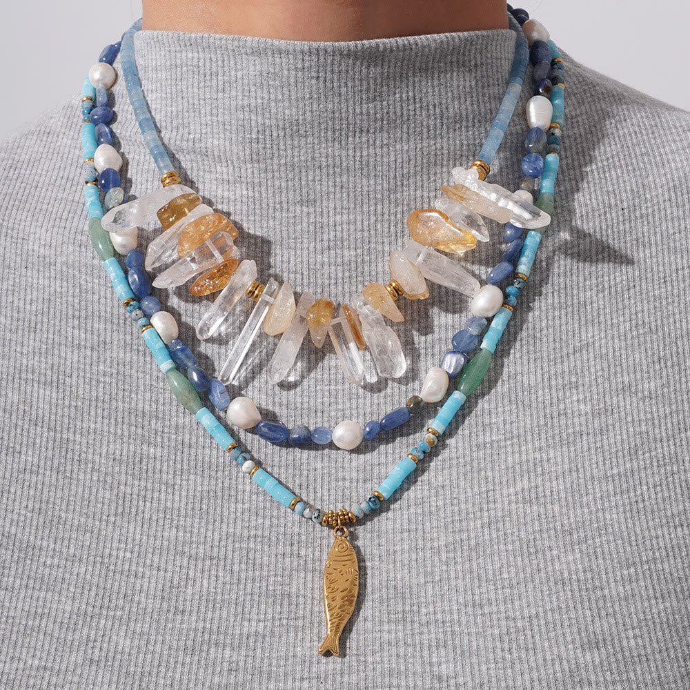 Olivenorma Crystal Beads Stainless Steel Fish Pendant Necklace