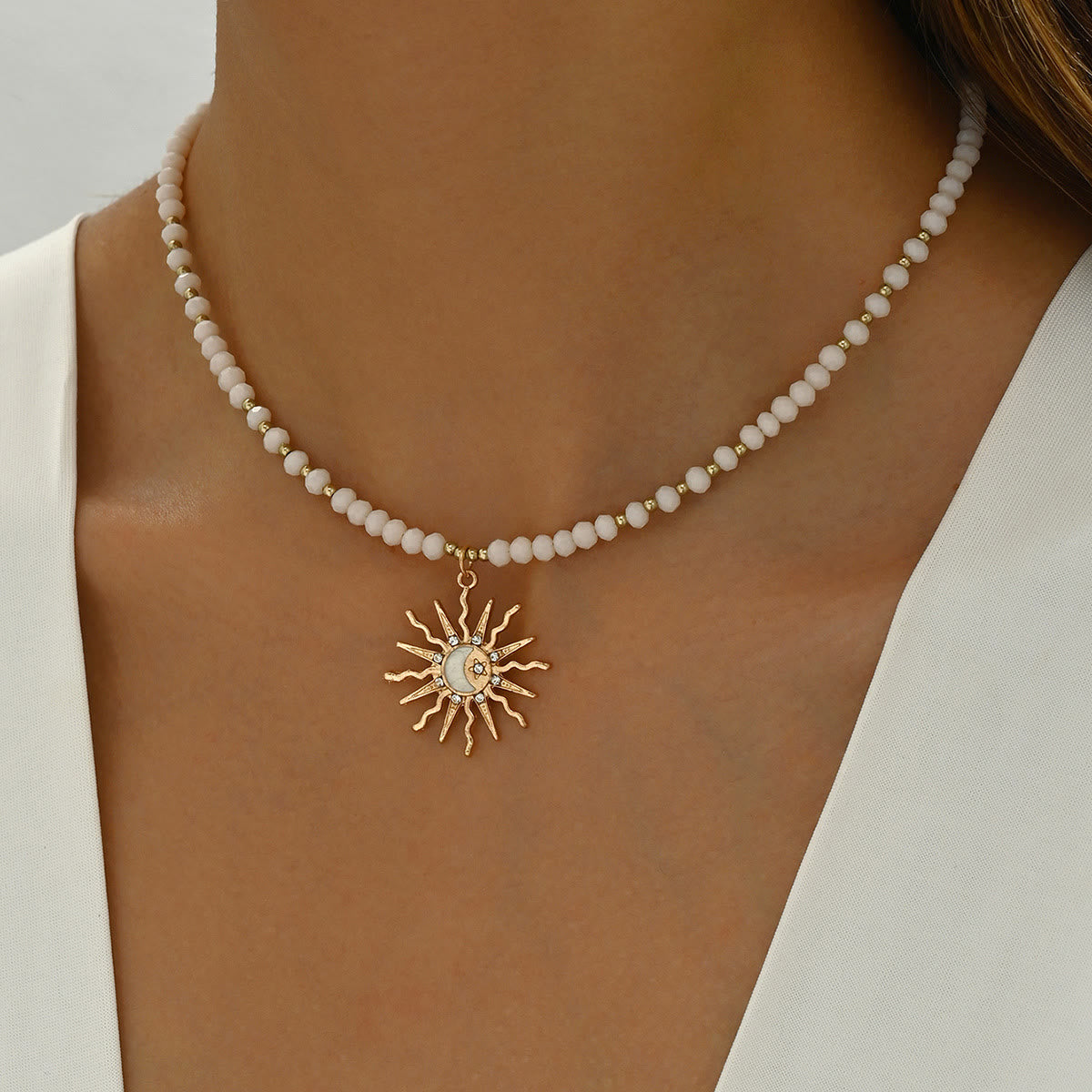 Olivenorma Natural Crystal Beads Sun Evil Eye Pendant Necklace
