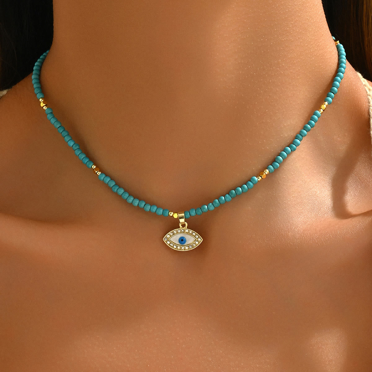 Olivenorma Natural Crystal Beads Sun Evil Eye Pendant Necklace