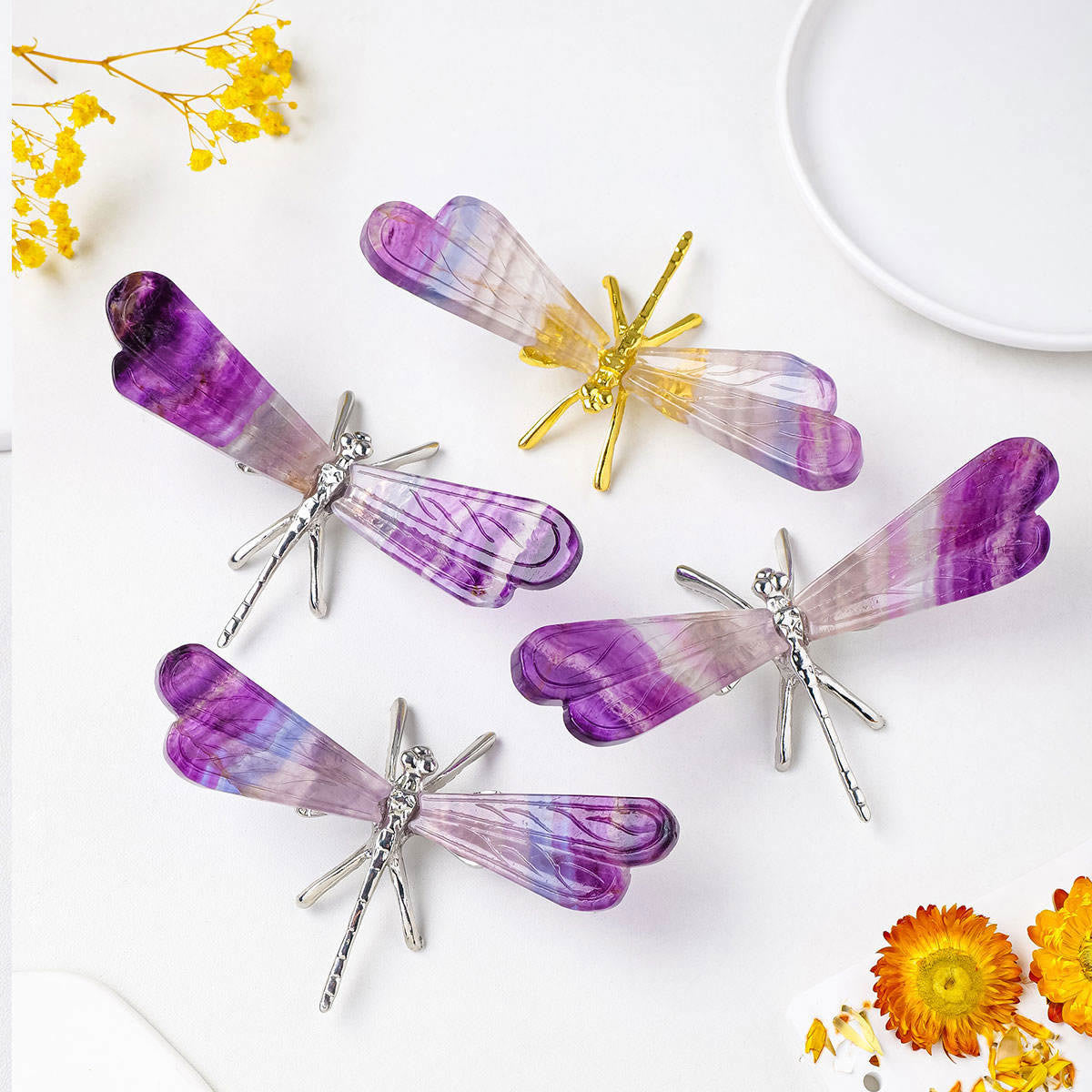 Olivenorma Natural Rainbow Fluorite Dragonfly Gemstone Decoration