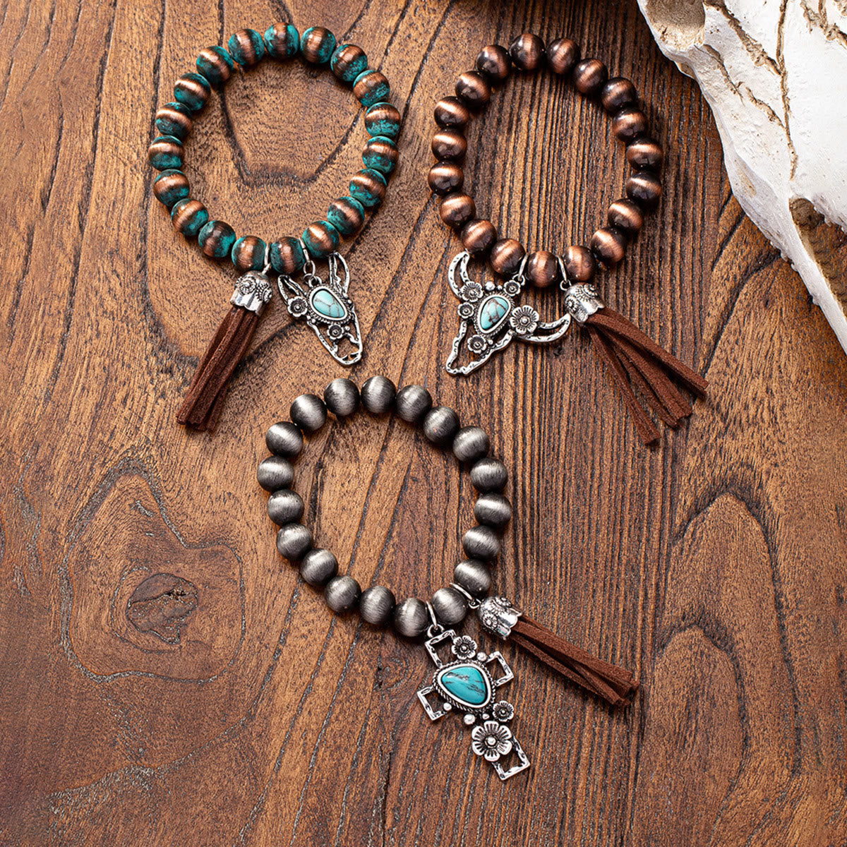 Olivenorma Retro Western Style Turquoise Metal Crystal Beaded Bracelet