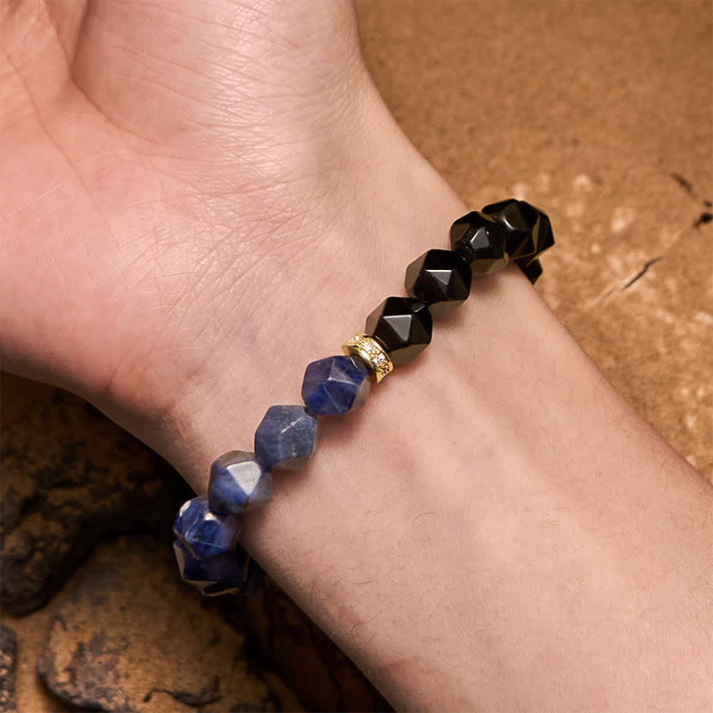 Olivenorma Faceted Natural Obsidian Sodalite Beads Bracelet