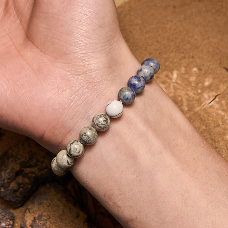 Olivenorma Natural Blue Sodalite Grey Jasper Beaded Bracelet