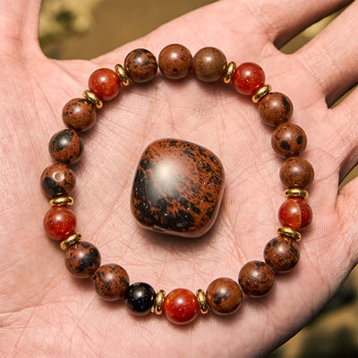 Olivenorma Natural Mahogany Obsidian Red Coral Beaded Bracelet