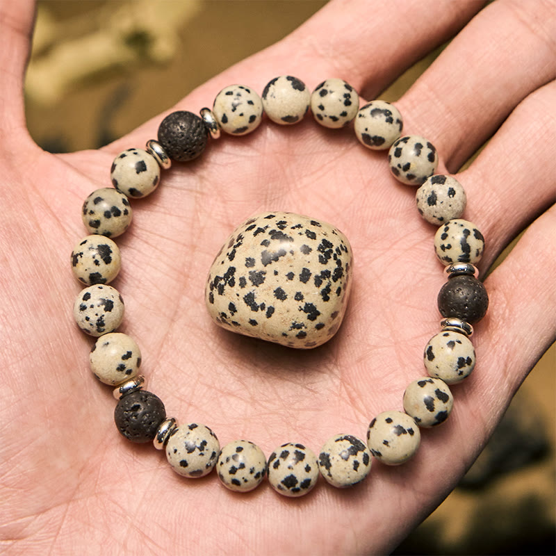 Olivenorma Natural Dalmatian Jasper Lava Stone Beaded Bracelet