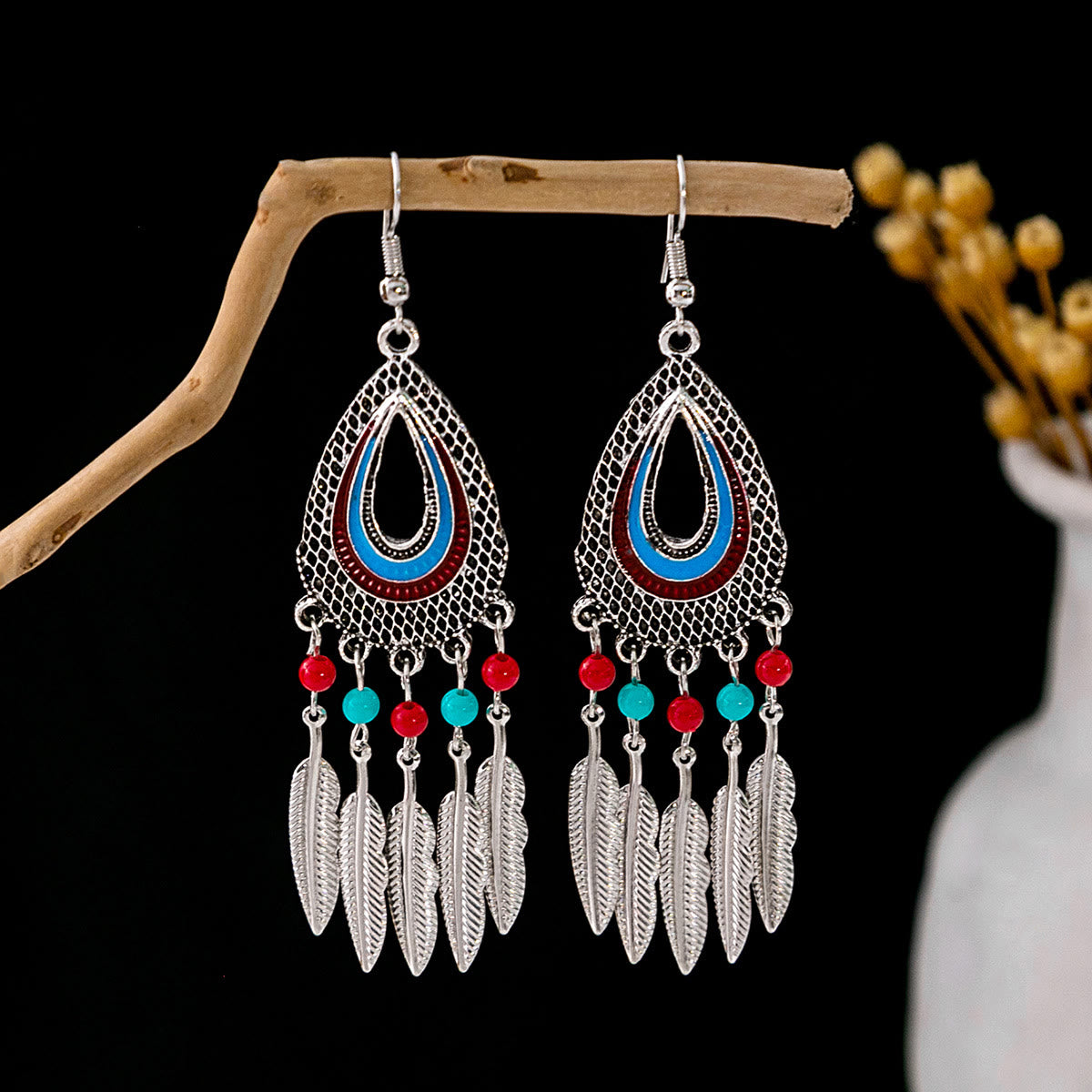 Olivenorma Retro Ethnic Style Bohemian Tassel Turquoise Earrings