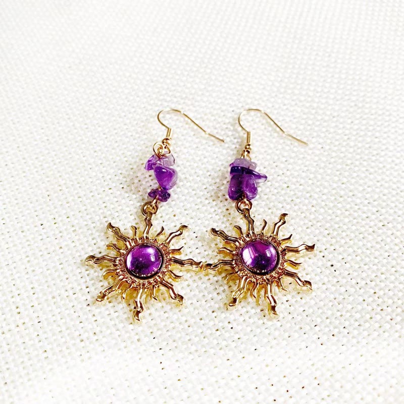 Olivenorma Natural Amethyst Gravel Beads Sun Earrings