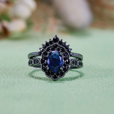 Olivenorma Black Gold Oval Sapphire Floral Bridal Set