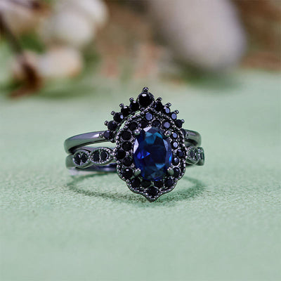 Olivenorma Black Gold Oval Sapphire Floral Bridal Set