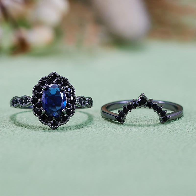 Olivenorma Black Gold Oval Sapphire Floral Bridal Set