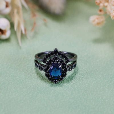 Olivenorma Black Gold Oval Sapphire Floral Bridal Set