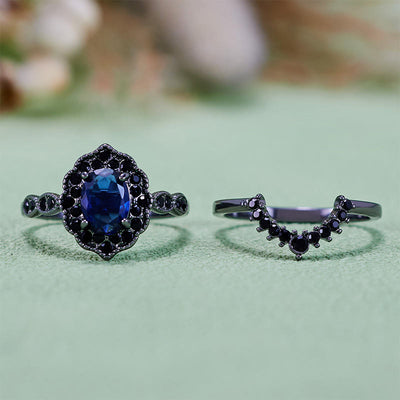 Olivenorma Black Gold Oval Sapphire Floral Bridal Set