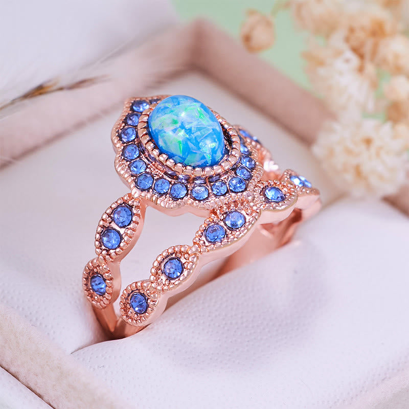 Olivenorma 2Pcs Blue Opal Sapphire Rose Gold Ring Set