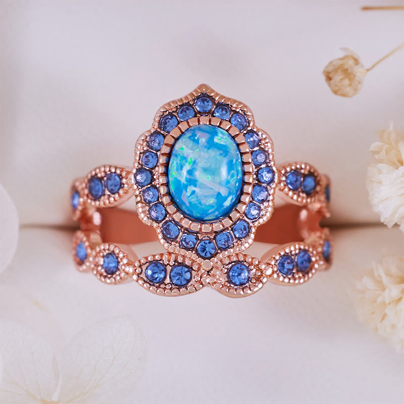 Olivenorma 2Pcs Blue Opal Sapphire Rose Gold Ring Set