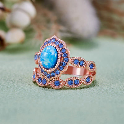 Olivenorma 2Pcs Blue Opal Sapphire Rose Gold Ring Set