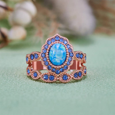 Olivenorma 2Pcs Blue Opal Sapphire Rose Gold Ring Set