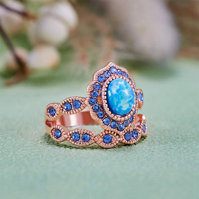 Olivenorma 2Pcs Blue Opal Sapphire Rose Gold Ring Set