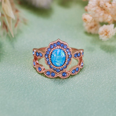 Olivenorma 2Pcs Blue Opal Sapphire Rose Gold Ring Set