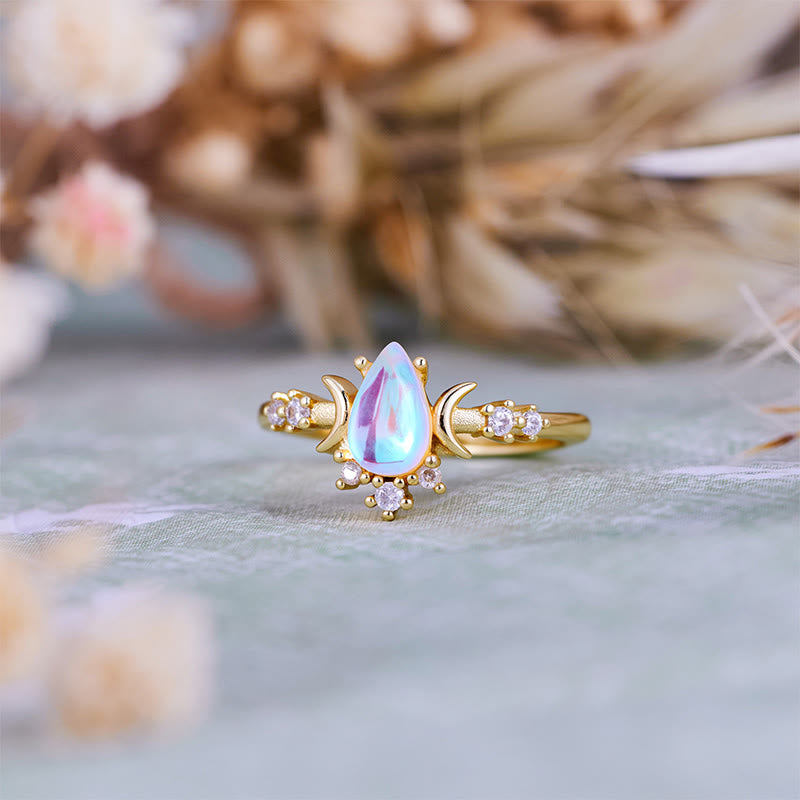 Olivenorma Teardrop Cut Artificial Moonstone Double Moon Ring