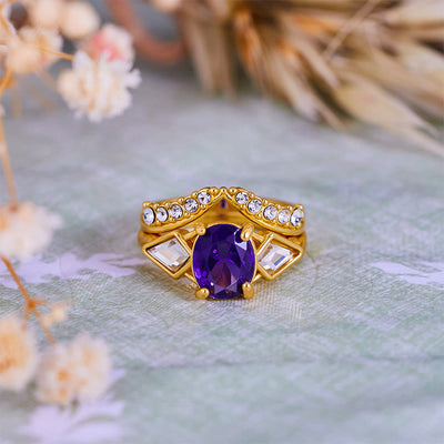 Olivenorma 2Pcs Oval Cut Amethyst White Zircon Ring Set