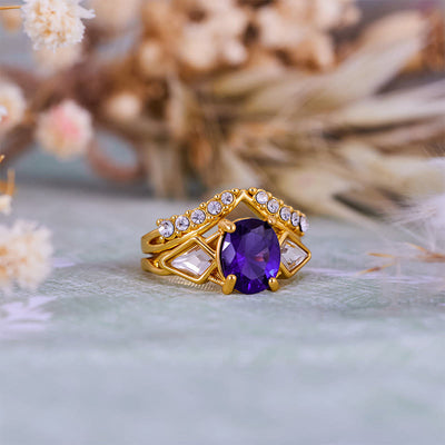 Olivenorma 2Pcs Oval Cut Amethyst White Zircon Ring Set