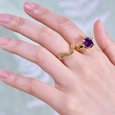 Olivenorma 2Pcs Oval Cut Amethyst White Zircon Ring Set