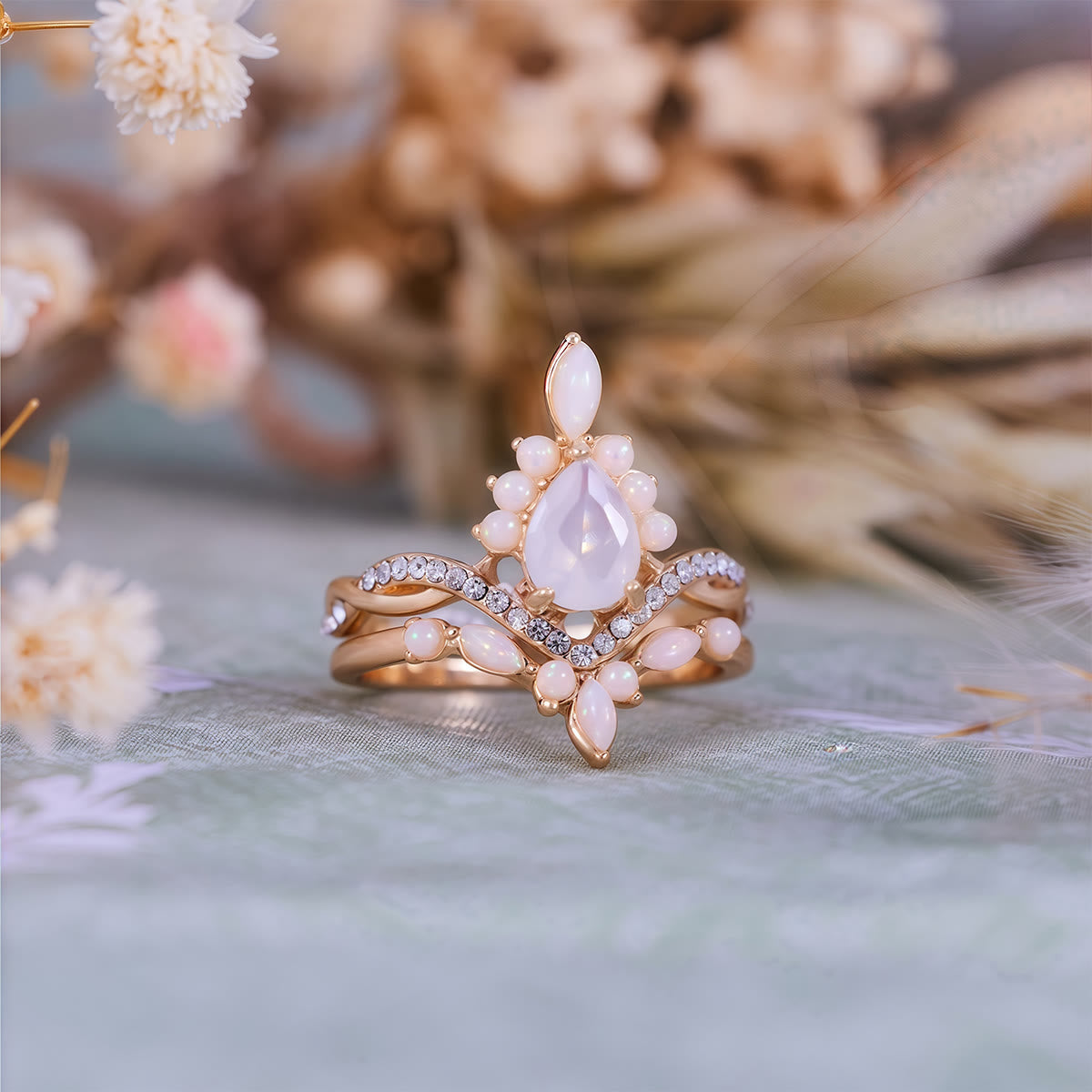 Olivenorma Pear Cut White Chalcedony Crown Design Ring Set