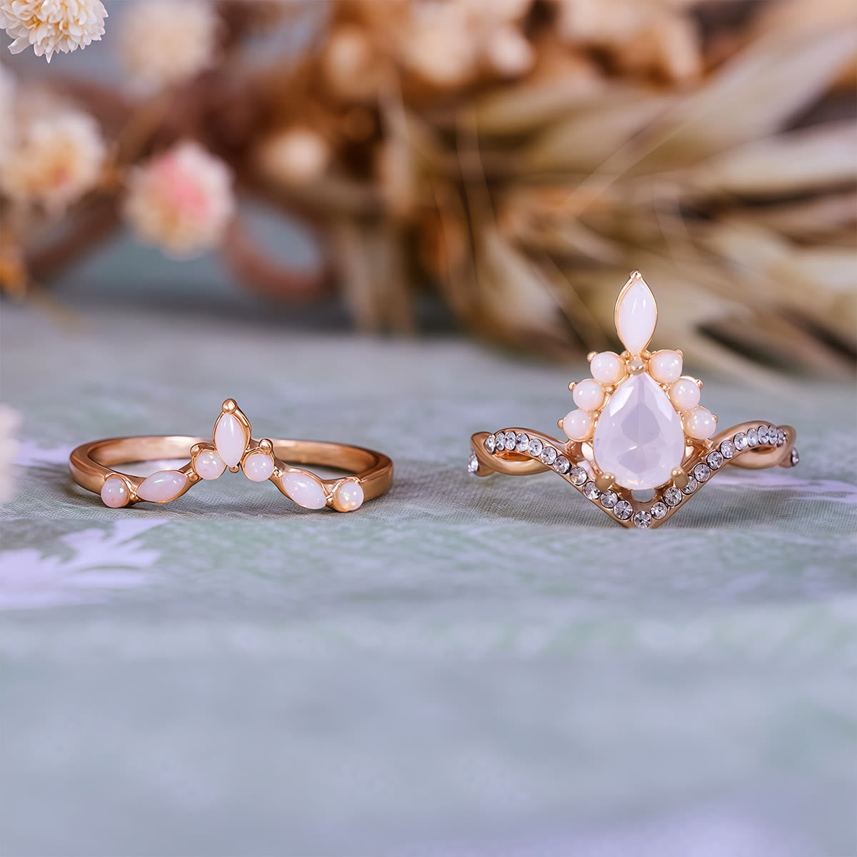 Olivenorma Pear Cut White Chalcedony Crown Design Ring Set