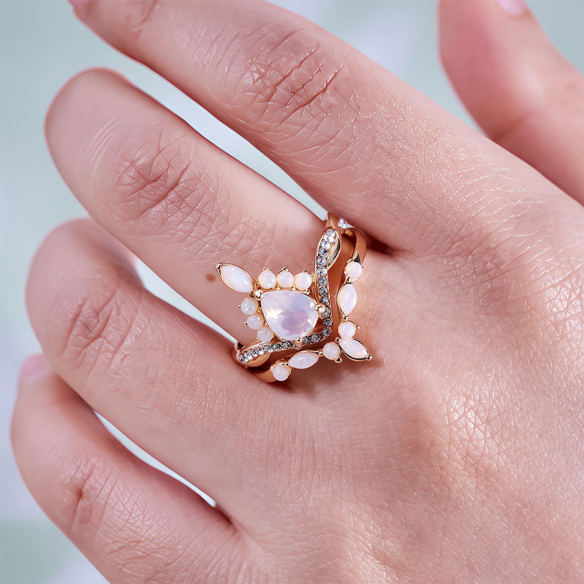 Olivenorma Pear Cut White Chalcedony Crown Design Ring Set